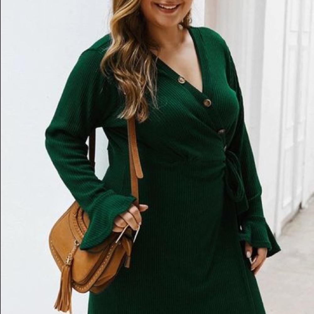1X-2X-3X: Button Front Ribbed Wrap Dress - Picture 3 of 8